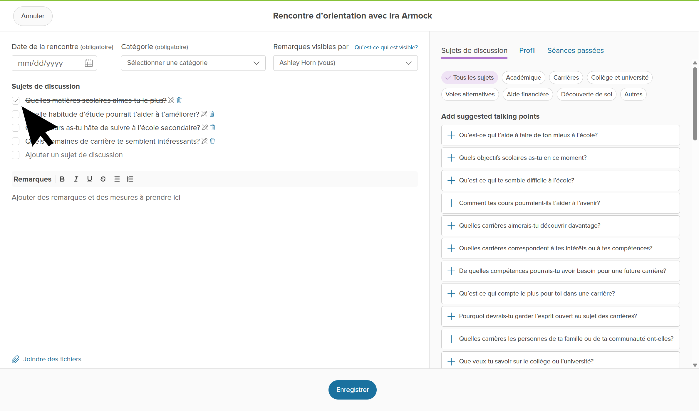 Une rencontre de conseils pour un élève est ouverte. Le curseur clique sur un sujet de discussion pour le marquer comme fait.